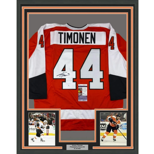 Framed Autographed Kimmo Timonen 35x39 Philadelphia Orange Hockey Jersey JSA COA | Hall of Fame Sports Memorabilia | vintageantiquesgifts.com