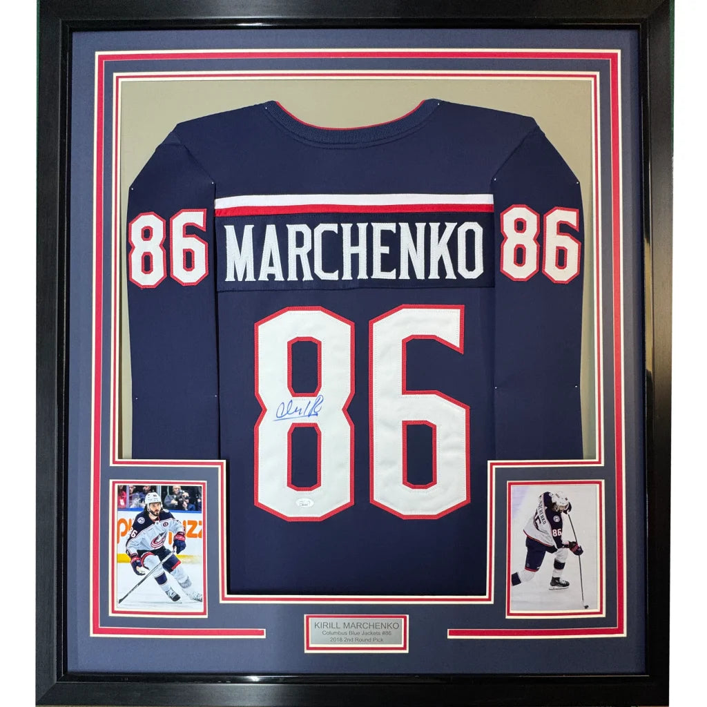 Framed Autographed Kirill Marchenko 35x39 Columbus Blue Hockey Jersey JSA COA | Hall of Fame Sports Memorabilia | vintageantiquesgifts.com