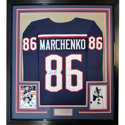 Framed Autographed Kirill Marchenko 35x39 Columbus Blue Hockey Jersey JSA COA | Hall of Fame Sports Memorabilia | vintageantiquesgifts.com