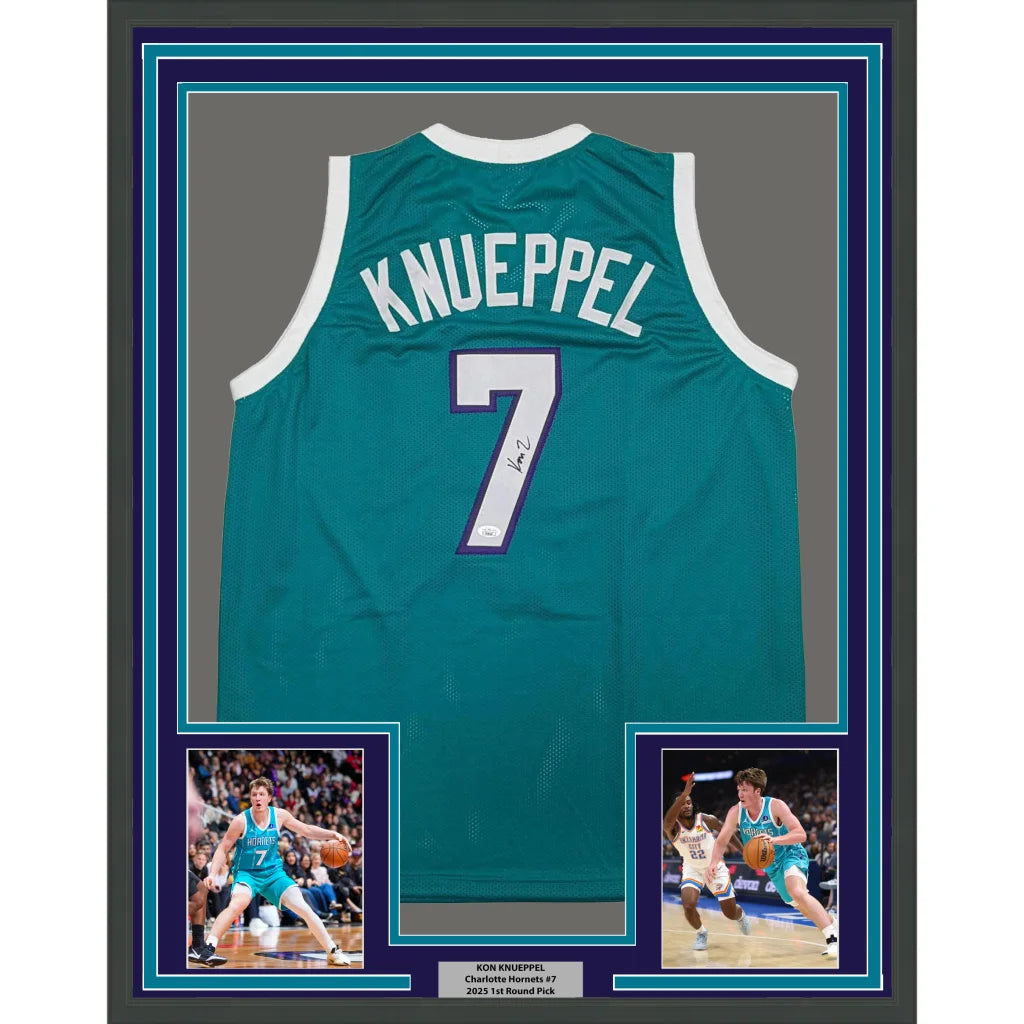 Framed Autographed Kon Knueppel 35x39 Charlotte Teal Basketball Jersey JSA COA | Hall of Fame Sports Memorabilia | vintageantiquesgifts.com