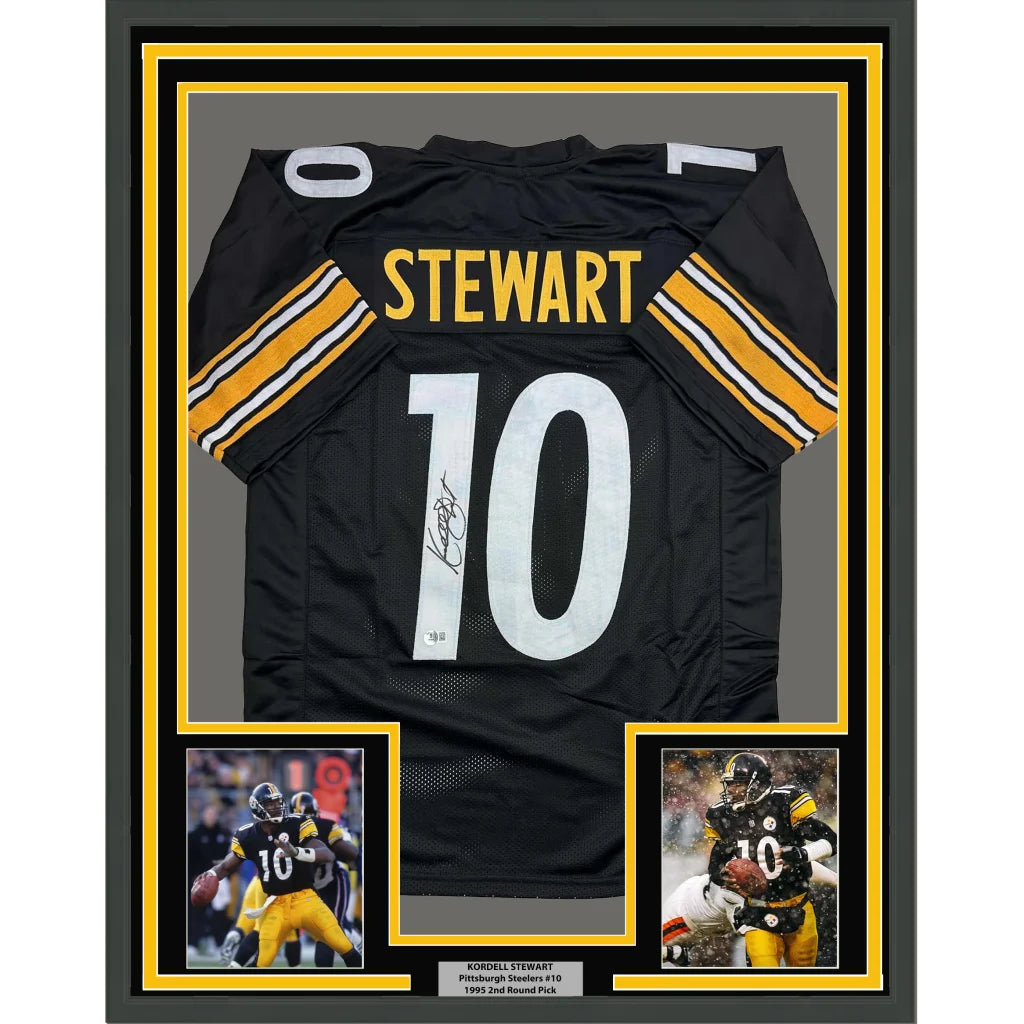 Framed Autographed Kordell Stewart 35x39 Pittsburgh Black Football Jersey Beckett BAS COA | Hall of Fame Sports Memorabilia | vintageantiquesgifts.com