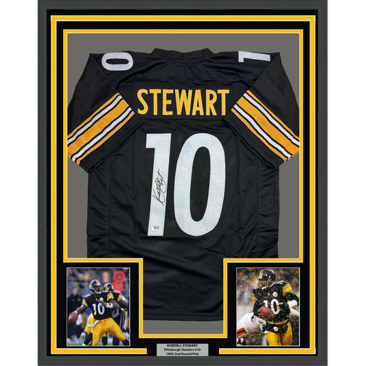Framed Autographed Kordell Stewart 35x39 Pittsburgh Black Football Jersey Beckett BAS COA | Hall of Fame Sports Memorabilia | vintageantiquesgifts.com