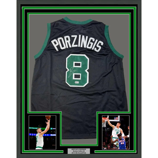 Framed signed Kristaps Porzingis Boston Celtics jersey with photos for display
