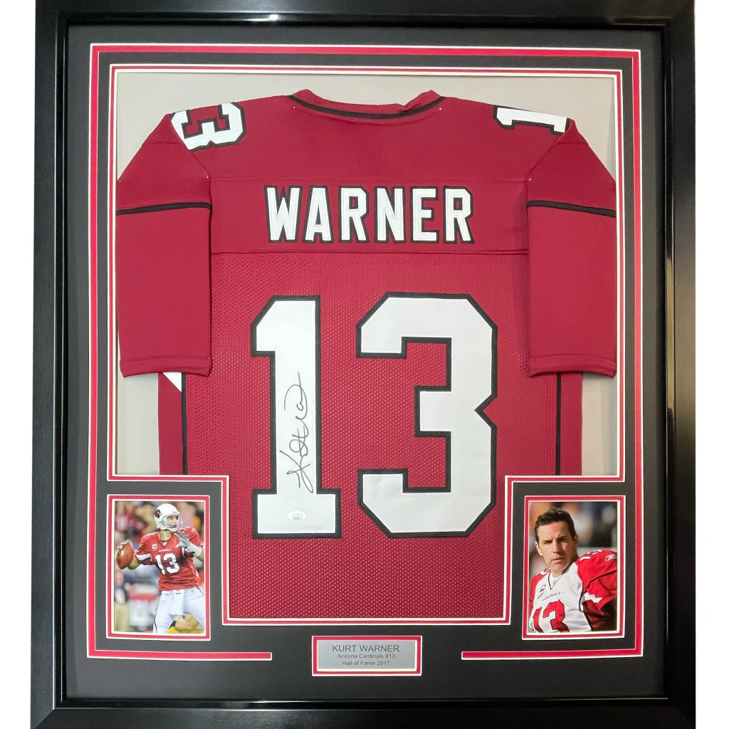 Framed autographed Kurt Warner Arizona Cardinals red jersey number 13