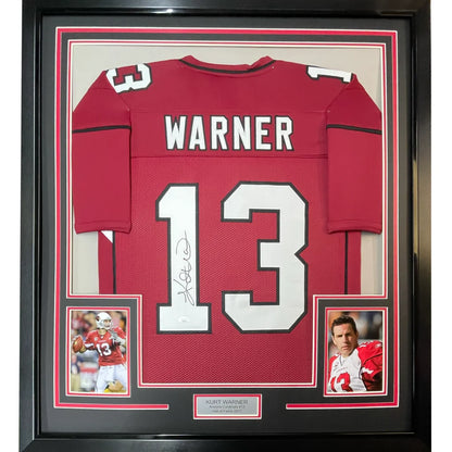 Framed autographed Kurt Warner Arizona Cardinals red jersey number 13