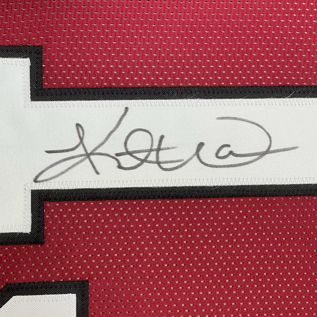 Framed autographed Kobe Bryant signature on red black jersey JSA COA