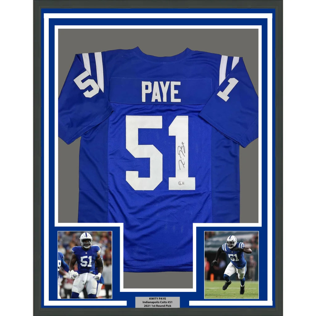Framed Autographed Kwity Paye 35x39 Indianapolis Blue Football Jersey Beckett BAS COA | Hall of Fame Sports Memorabilia | vintageantiquesgifts.com