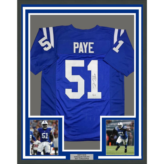 Framed Autographed Kwity Paye 35x39 Indianapolis Blue Football Jersey Beckett BAS COA | Hall of Fame Sports Memorabilia | vintageantiquesgifts.com
