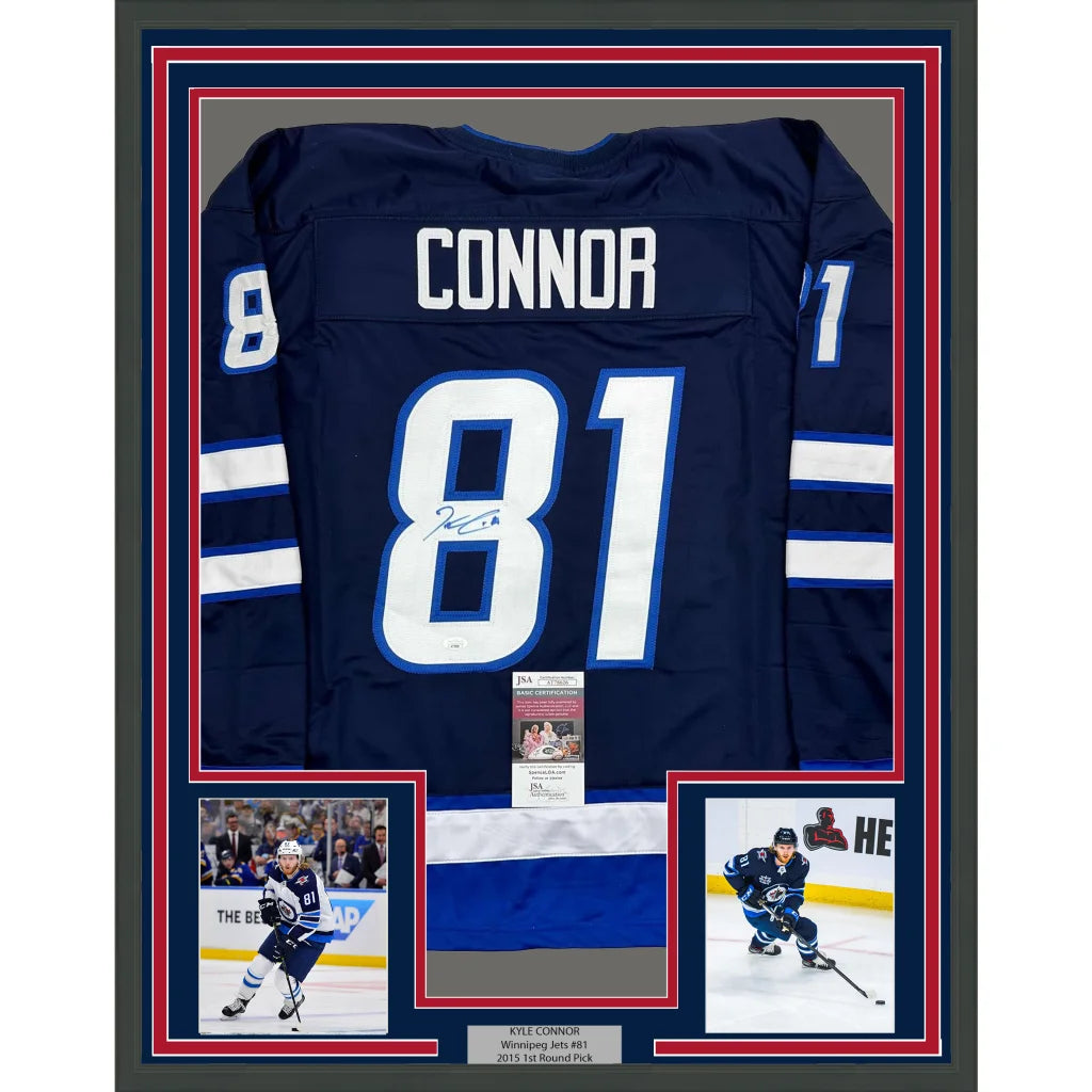 Framed Autographed Kyle Connor 35x39 Winnipeg Blue Hockey Jersey JSA COA | Hall of Fame Sports Memorabilia | vintageantiquesgifts.com