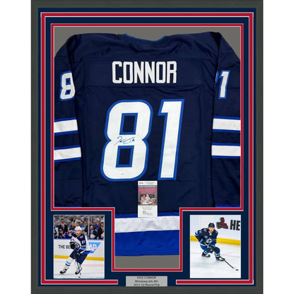 Framed Autographed Kyle Connor 35x39 Winnipeg Blue Hockey Jersey JSA COA | Hall of Fame Sports Memorabilia | vintageantiquesgifts.com