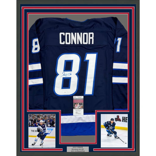 Framed Autographed Kyle Connor 35x39 Winnipeg Blue Hockey Jersey JSA COA | Hall of Fame Sports Memorabilia | vintageantiquesgifts.com