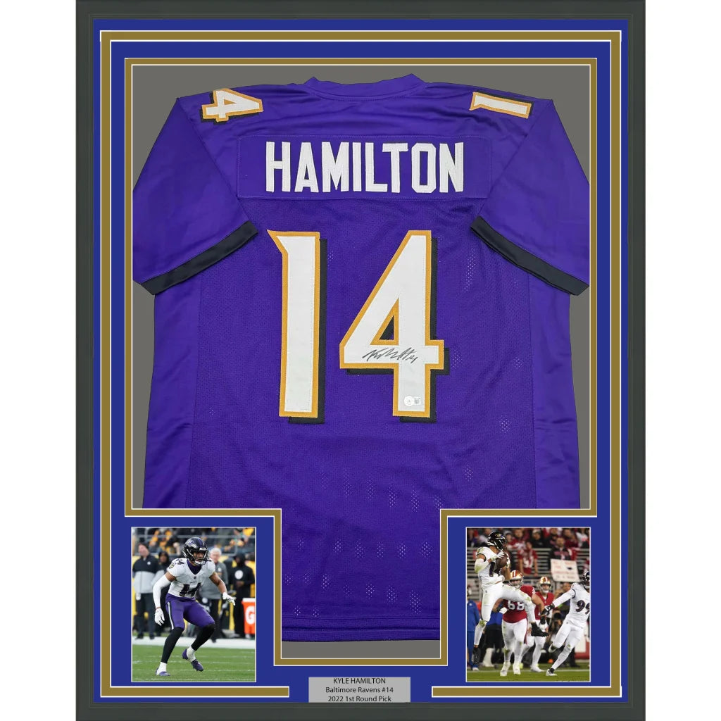 Framed autographed kyle hamilton baltimore ravens purple football jersey with white gold lettering back view