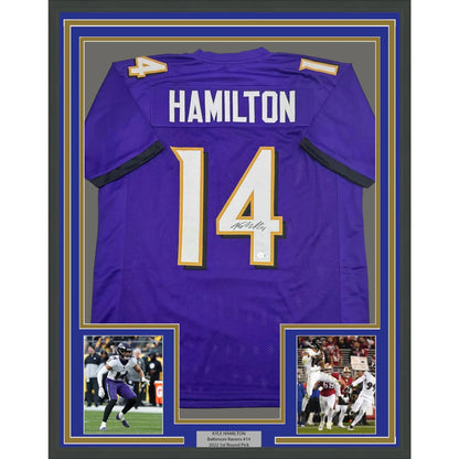 Framed autographed kyle hamilton baltimore ravens purple football jersey with white gold lettering back view