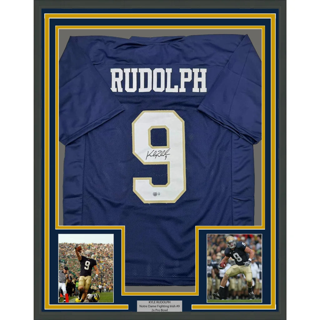 Autographed Blue Football Jersey with RUDOLPH 9, player pics, and info plaque