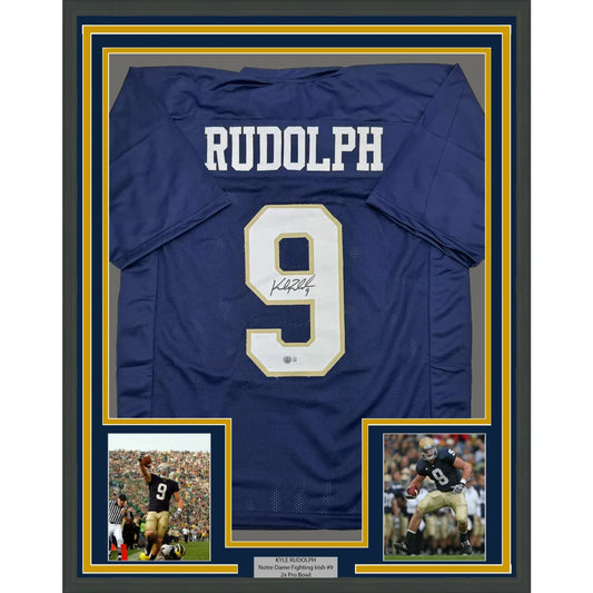 Autographed Blue Football Jersey with RUDOLPH 9, player pics, and info plaque