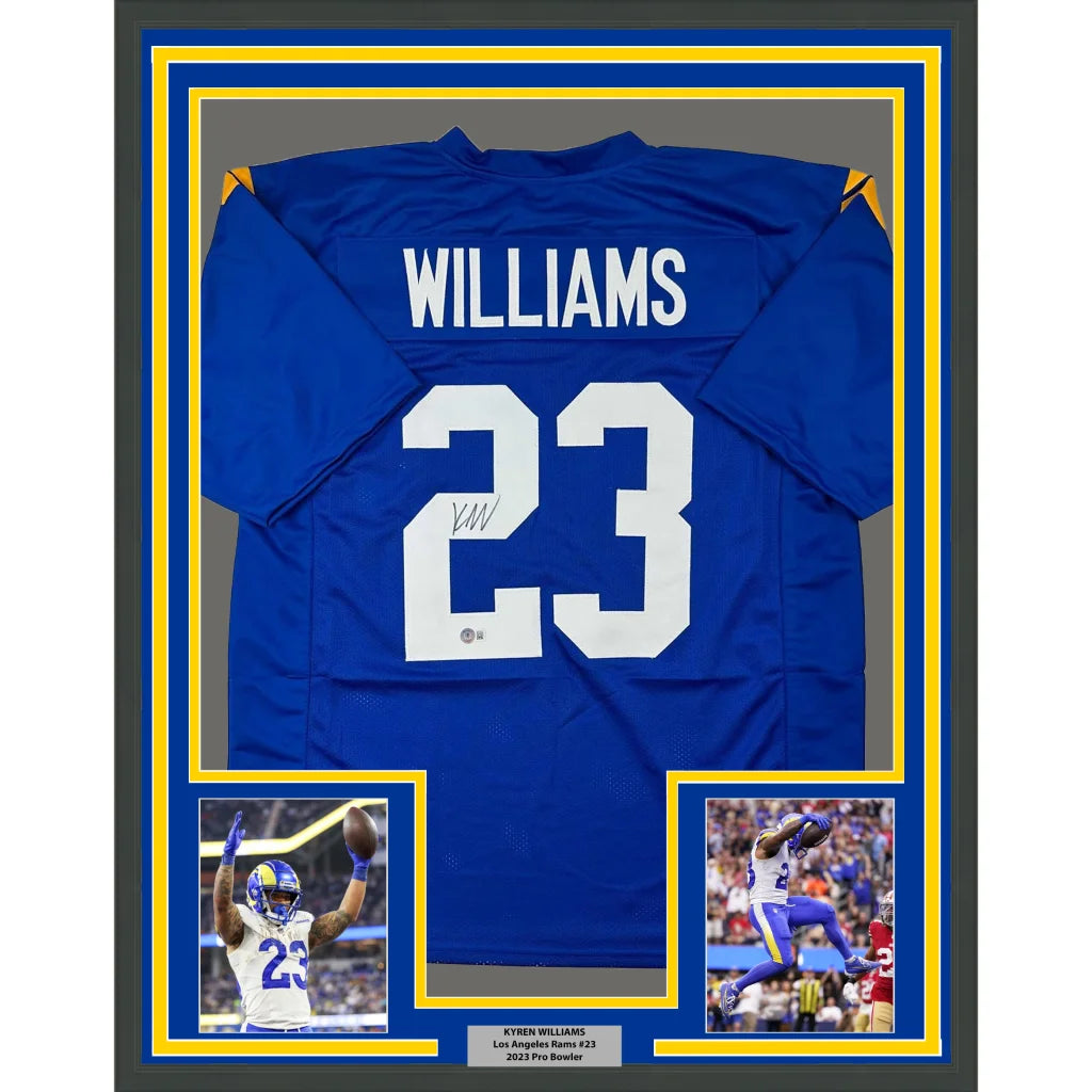 Autographed Blue Football Jersey with Player Photos in Frame Ready to Display