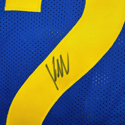 Framed Autographed Kyren Williams 35x39 Los Angeles LA Blue Football Jersey Beckett BAS COA #2 | Certified Authentic Signed Memorabilia | vintageantiquesgifts.com