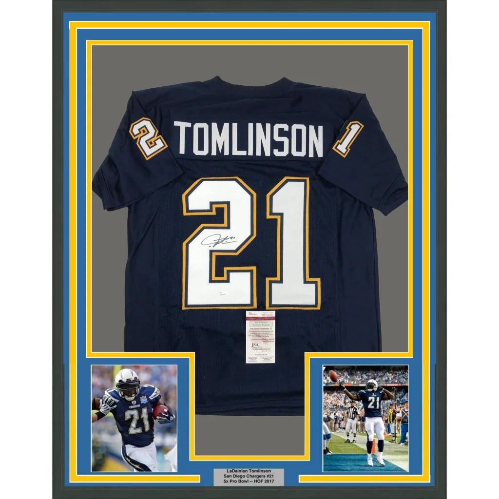 Framed autographed LaDainian Tomlinson navy blue Chargers jersey back, JSA COA