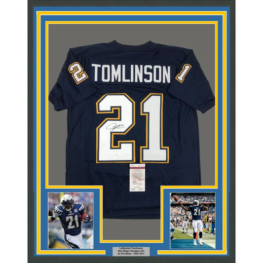 Framed autographed LaDainian Tomlinson navy blue Chargers jersey back, JSA COA