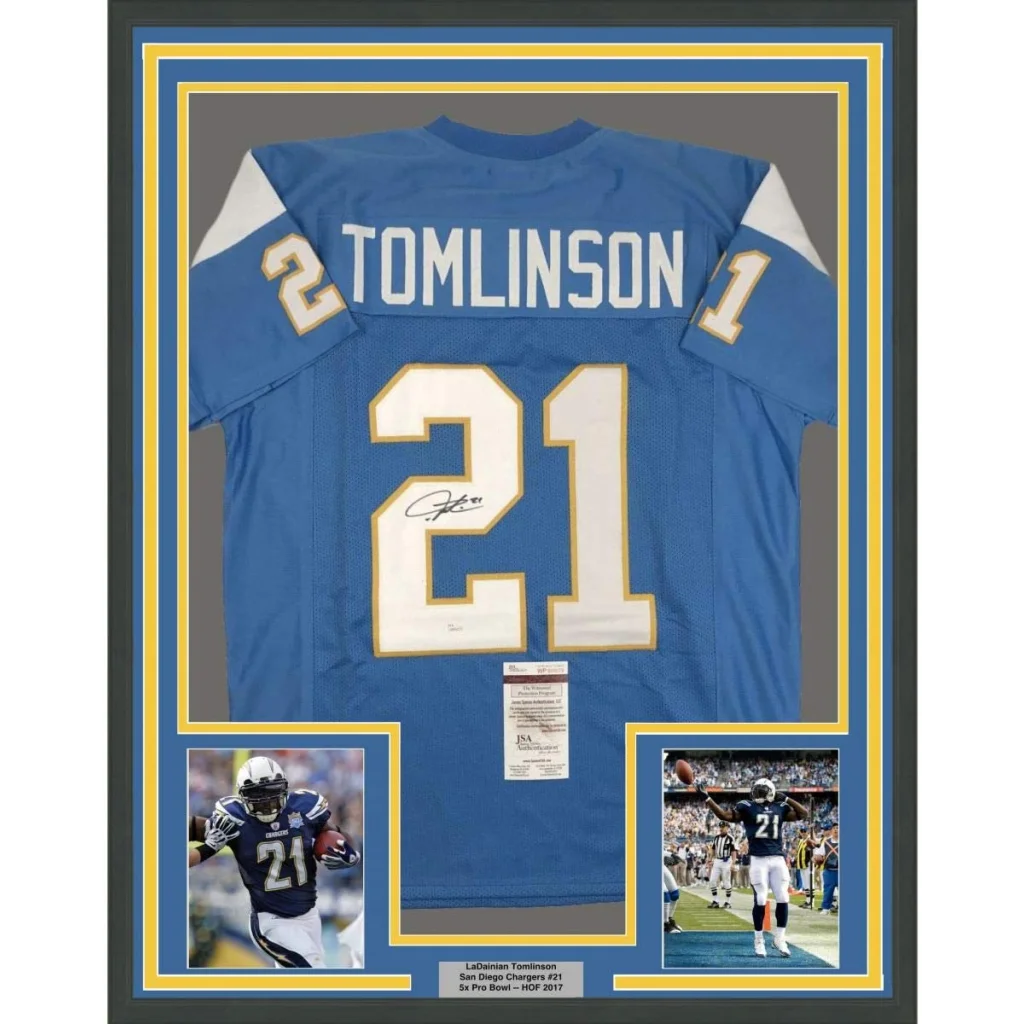 Framed autographed LaDainian Tomlinson powder blue Chargers jersey back, JSA COA