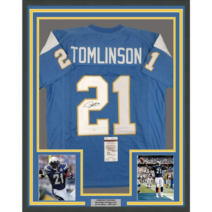 Framed autographed LaDainian Tomlinson powder blue Chargers jersey back, JSA COA