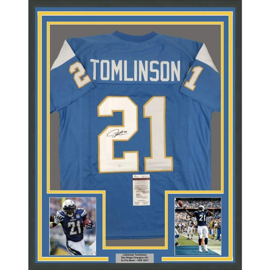 Framed autographed LaDainian Tomlinson powder blue Chargers jersey back, JSA COA