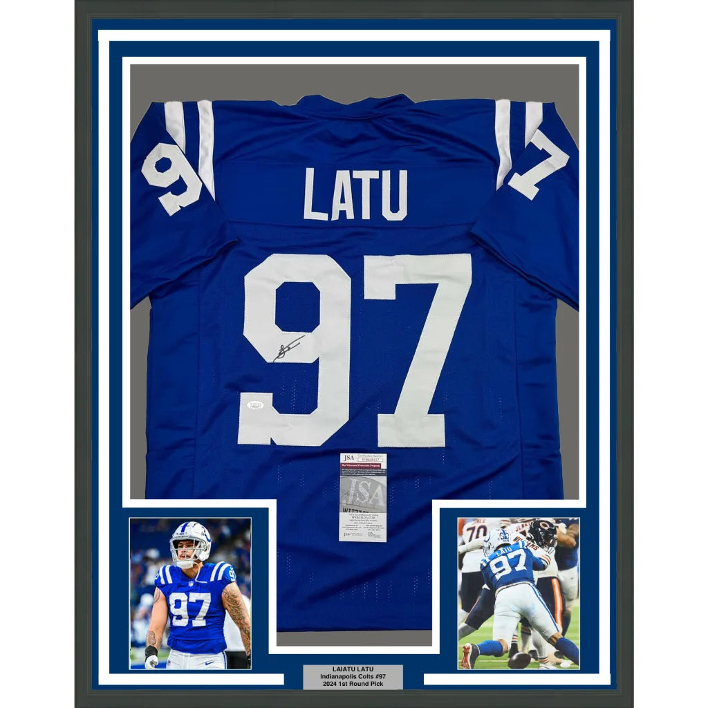 Autographed Indianapolis Colts Latu jersey with player photos in a frame, ready to hang
