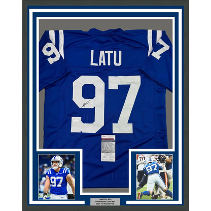 Autographed Indianapolis Colts Latu jersey with player photos in a frame, ready to hang