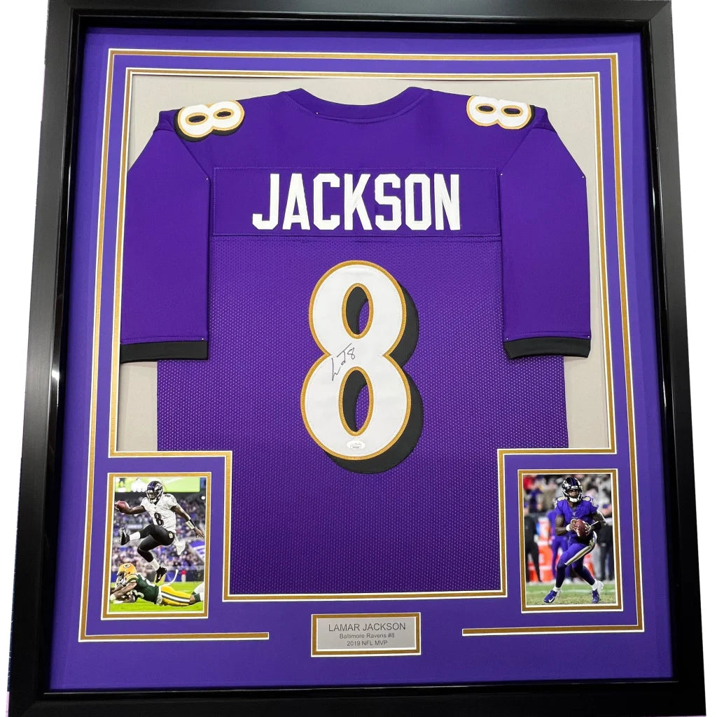 Framed autographed Lamar Jackson Baltimore Ravens purple jersey with number 8