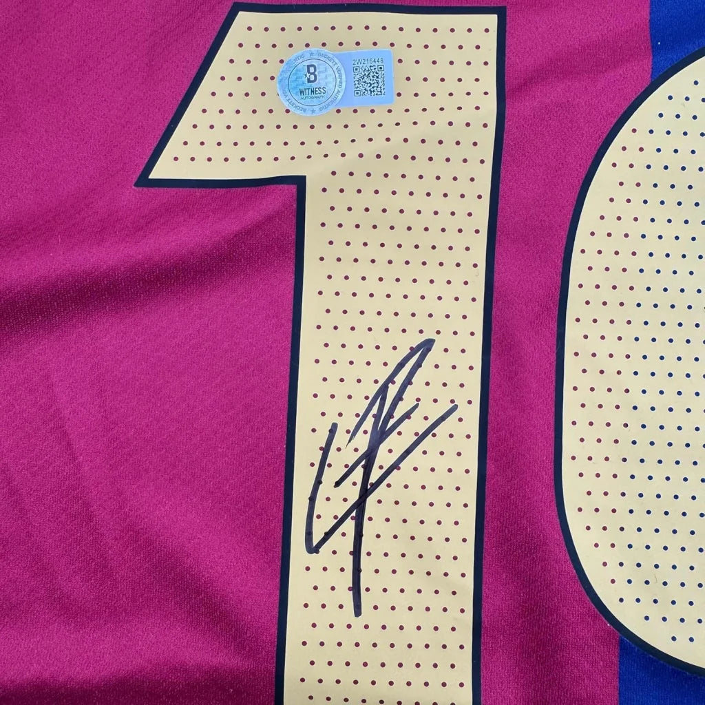Signed Barcelona jersey with number 10, autographed by Lamine Yamal, framed and premium photos