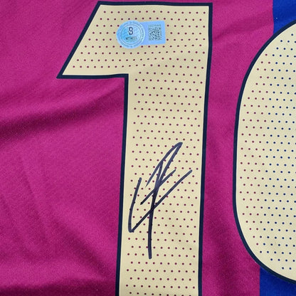 Signed Barcelona jersey with number 10, autographed by Lamine Yamal, framed and premium photos