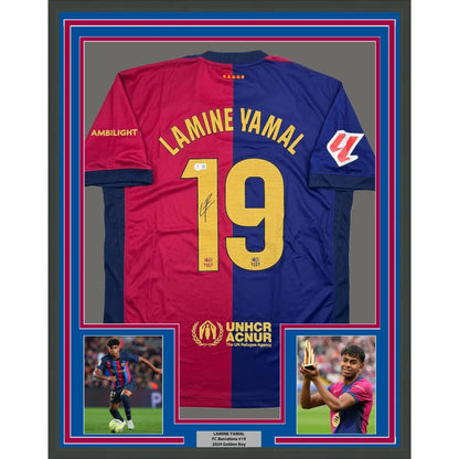 Framed Lamine Yamal FC Barcelona signed jersey with autographs and photos for fans