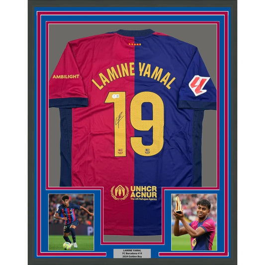 Framed signed Lamine Yamal FC Barcelona jersey with gold 19, Beckett COA