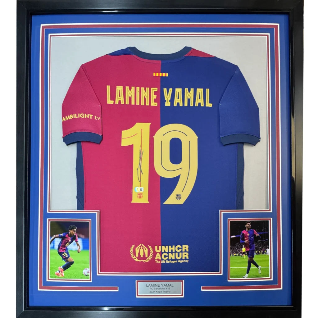 Professionally framed Lamine Yamal Barcelona autographed jersey with photos and Beckett BAS COA