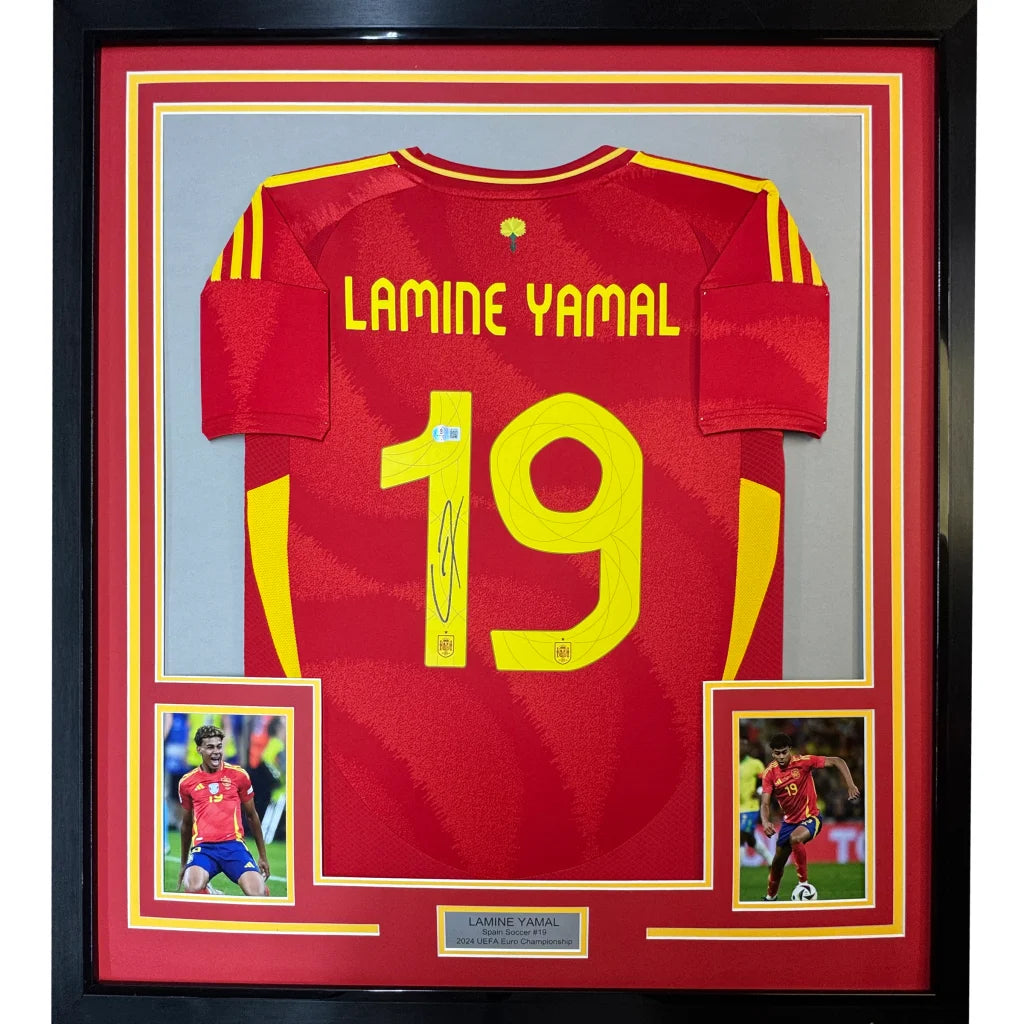 Framed Lamine Yamal Spain jersey with autograph, two photos, and nameplate for your man cave
