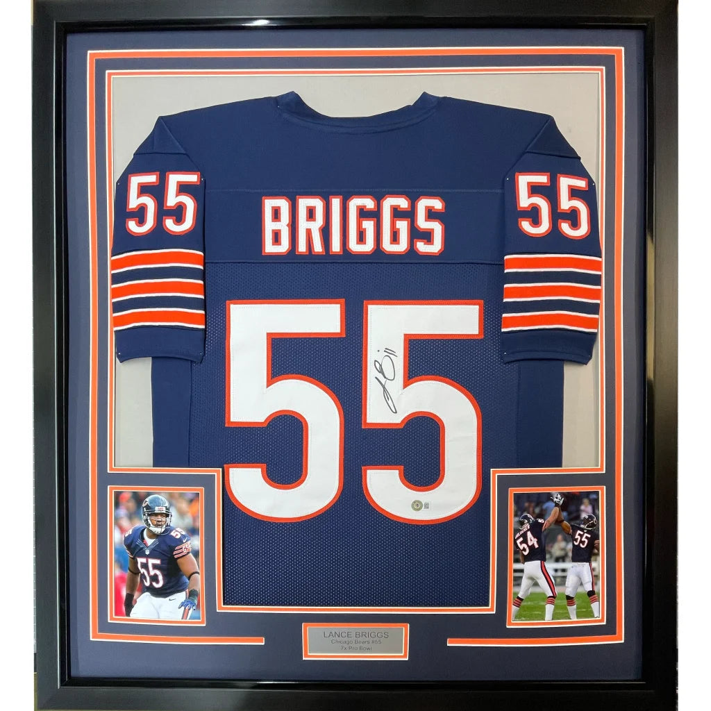 Framed autographed Brian Urlacher Chicago Bears jersey displayed in Autographed Masterpiece frame