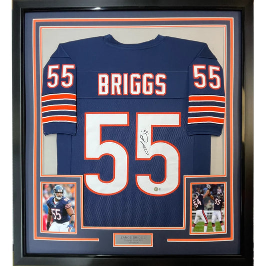 Framed autographed Brian Urlacher Chicago Bears jersey displayed in Autographed Masterpiece frame