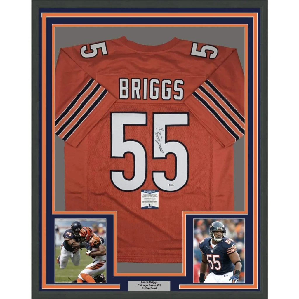 Framed Lance Briggs Chicago Bears jersey with autographs, player photos, and plaque
