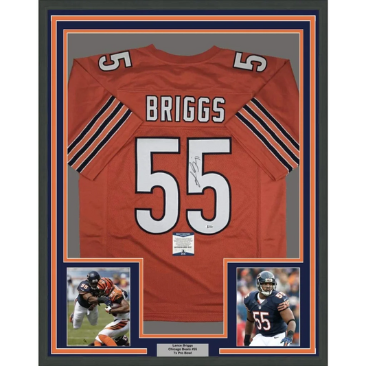 Framed Lance Briggs Chicago Bears jersey with autographs, player photos, and plaque