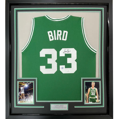 Framed autographed Larry Bird Boston Celtics green jersey with number 33, PSA/DNA COA