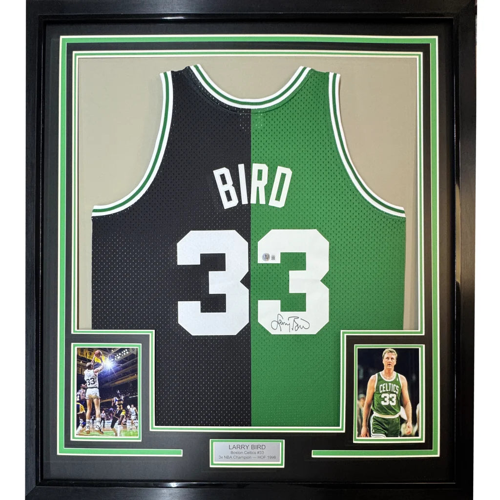 Professionally framed Larry Bird Celtics jersey with Beckett BAS COA, photos, and plaque