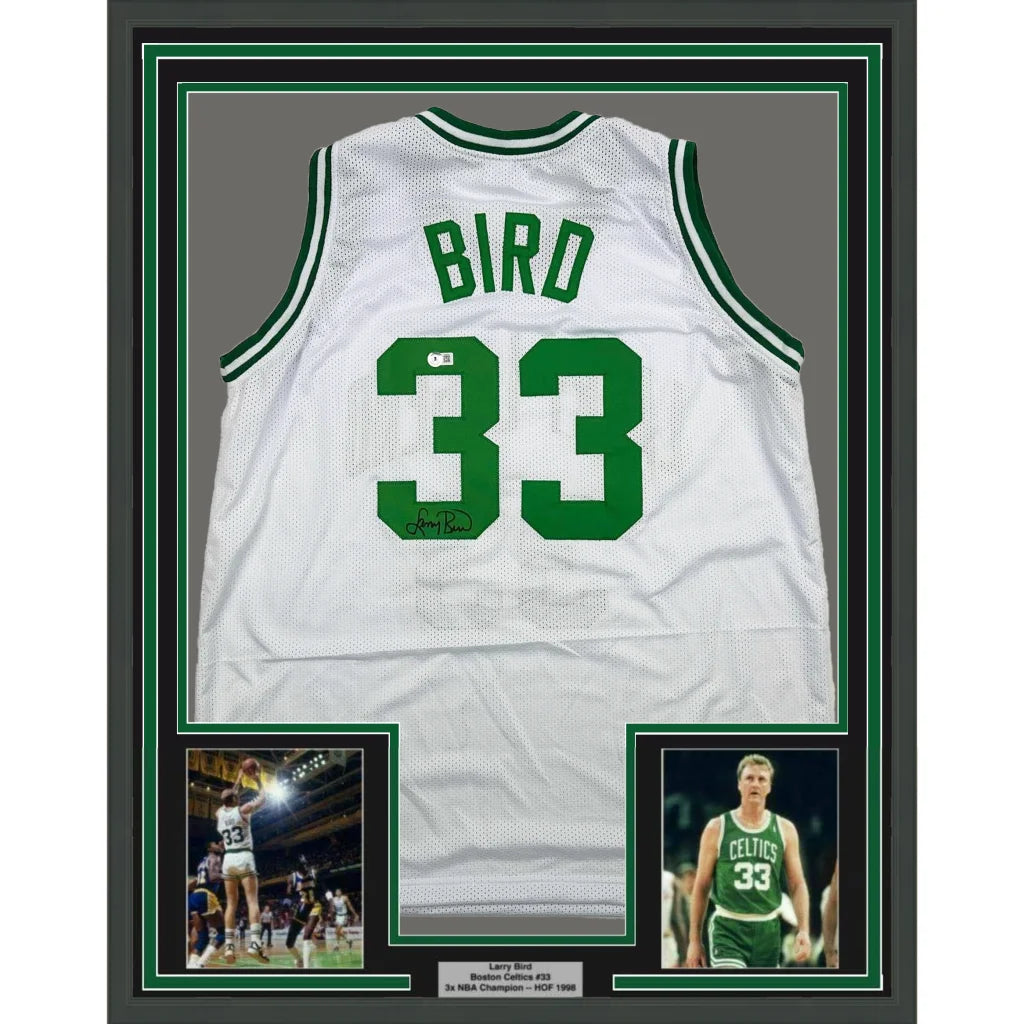 Professionally framed Larry Bird jersey with Beckett BAQ COA and photos for fans