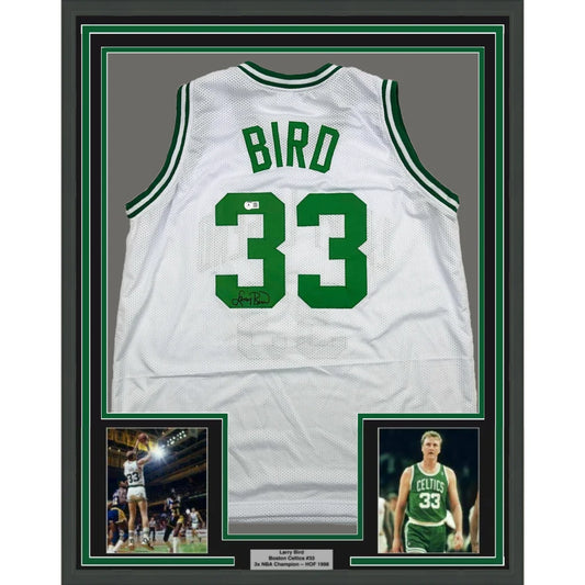 Professionally framed Larry Bird jersey with Beckett BAQ COA and photos for fans