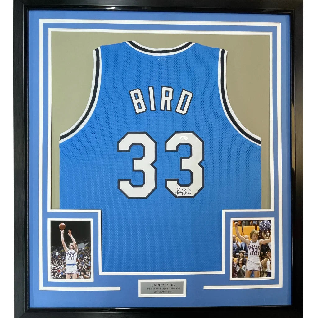 Framed Autographed Larry Bird 35x39 Indiana State Blue College Basketball Jersey JSA COA | Hall of Fame Sports Memorabilia | vintageantiquesgifts.com