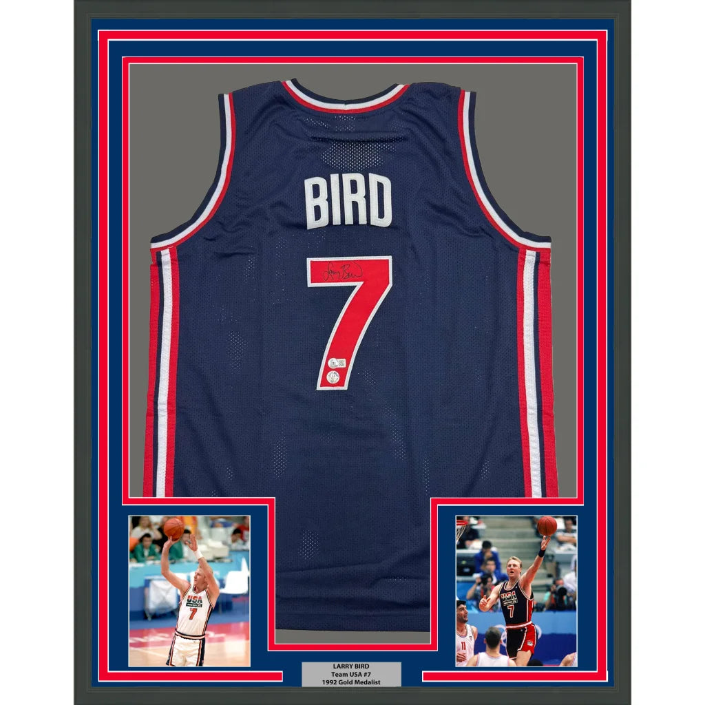 Framed Autographed Larry Bird 35x39 United States USA Blue 1992 Dream Team Basketball Jersey Beckett BAS COA | Hall of Fame Sports Memorabilia | vintageantiquesgifts.com