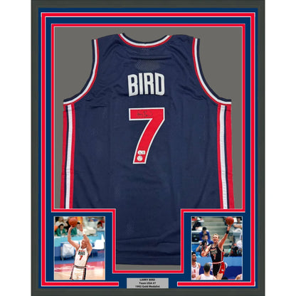 Framed Autographed Larry Bird 35x39 United States USA Blue 1992 Dream Team Basketball Jersey Beckett BAS COA | Hall of Fame Sports Memorabilia | vintageantiquesgifts.com