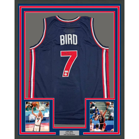 Framed Autographed Larry Bird 35x39 United States USA Blue 1992 Dream Team Basketball Jersey Beckett BAS COA | Hall of Fame Sports Memorabilia | vintageantiquesgifts.com