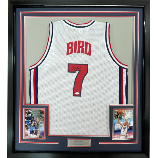 Framed Autographed Larry Bird 35x39 United States USA White 1992 Dream Team Basketball Jersey JSA COA | Hall of Fame Sports Memorabilia | vintageantiquesgifts.com