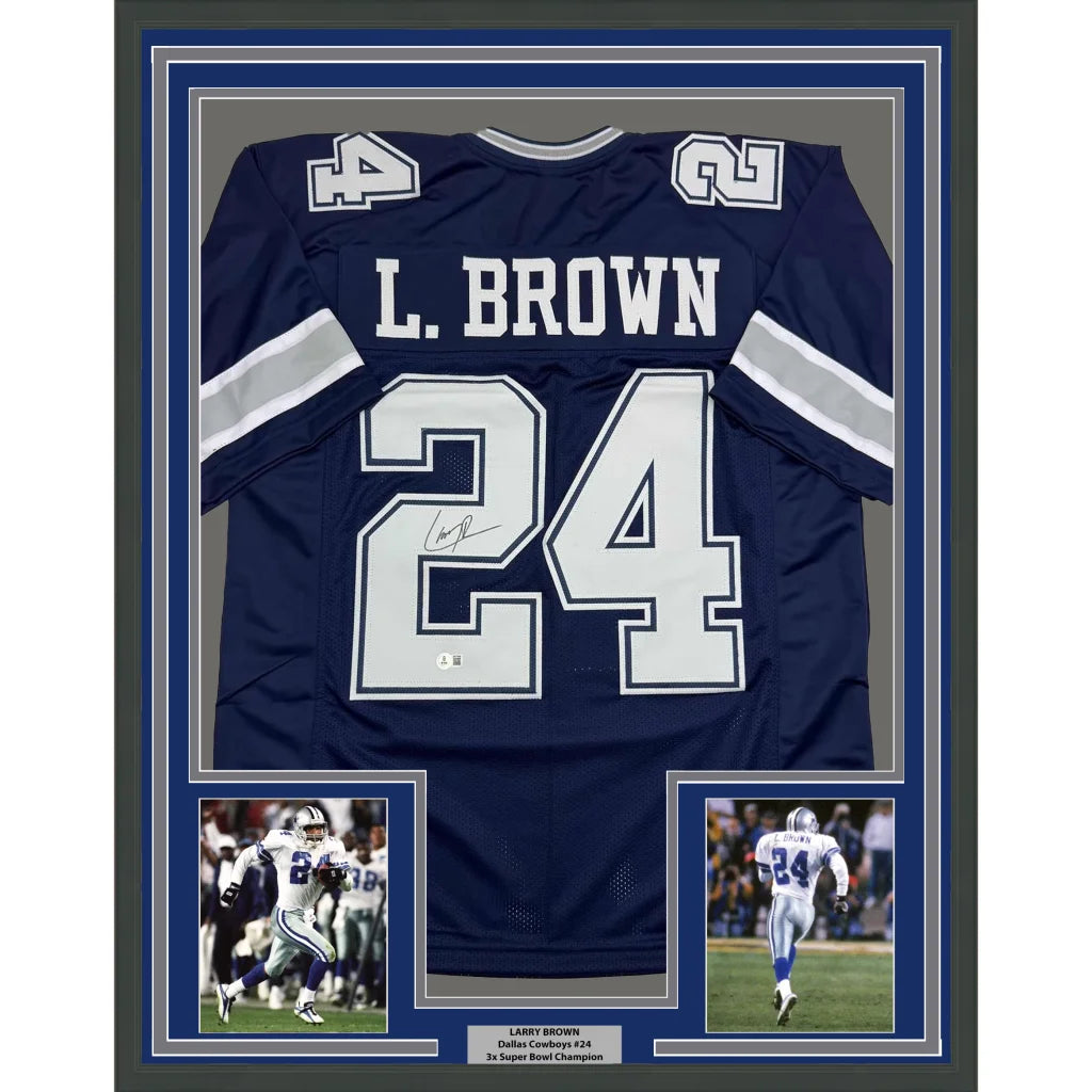 Framed Dallas Cowboys #24 L Brown autographed blue football jersey for your man cave