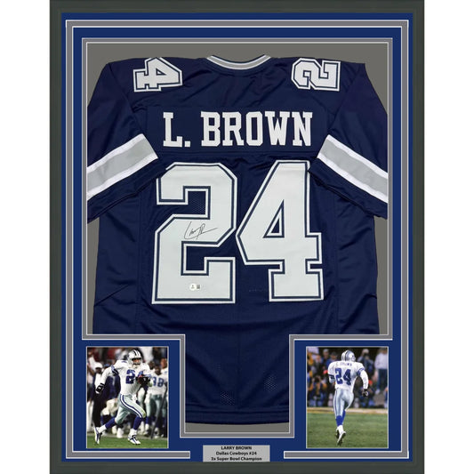 Framed Dallas Cowboys #24 L Brown autographed blue football jersey for your man cave